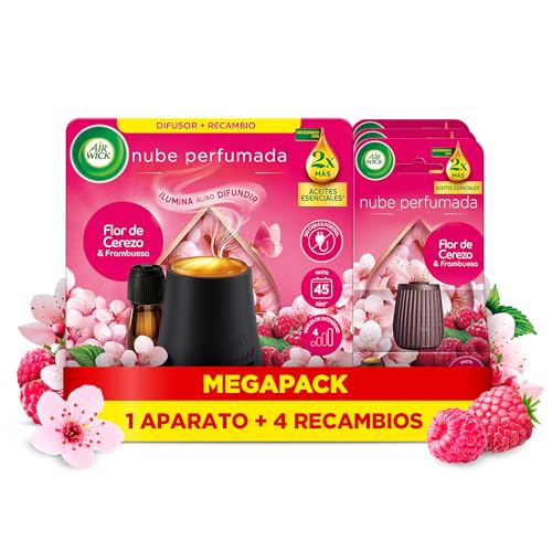 Air Wick Essential Mist - Recambio de Ambientador Difusor de Aceites Esenciales con Aroma a Flor de Cerezo & Frambuesa, 1 Aparato + 4 Recambios (4x20ml)