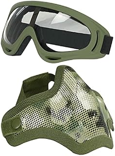 AOUTACC Airsoft Mask and Goggles Set, Half Face Full Steel Mesh Mask and Goggles for CS/Hunting/Paintball/Shooting