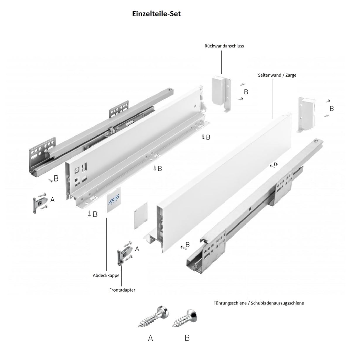 MS Beschläge Stahl Schubkastensystem Weiß Schubladen-Set Schubladensystem 40kg Traglast Unterflurführung Vollauszug Soft Close Schubladenauszug (Länge: 500mm, Höhe: 86mm)