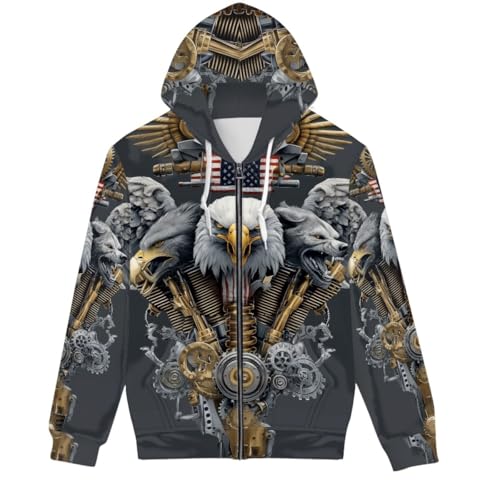Image of DUOLIFU Men Women Full Zip-Up Hoodies 3D Print Graphic Sweatshirts Cool Novelty Hooded Hoodie, Mechanical Wolf Usa Flag Eagle, 5XL