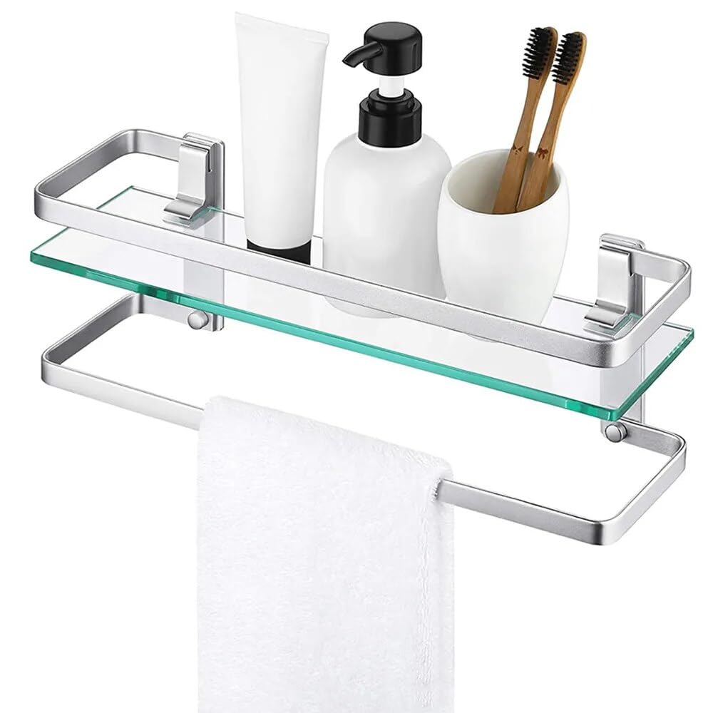 BAHELS Shower Caddy Bathroom Glass Shelf with Aluminum Towel Bar 8 MM-Thick Tempered Glass Rustproof Retangular Storage Organizer