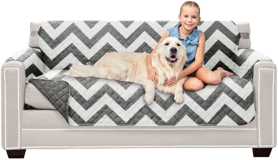 Sofa Shield Couch Slip Cover with Patented Strap, Cushion Protector, Reversible Stain and Dog Tear Resistant Slipcover, Quilted Microfiber 62” Seat, Washable Covers for Dogs Pets Kids, Chevron Gray