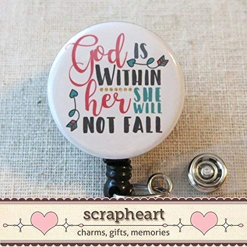 Bible Verse Badge Reel, God Is Within Her She Will Not Fall Psalm 46:5- Retractable Id Badge Reel With Swivel Pinch Clip, Religious Badge Holder, Encouraging Christian Scripture Quotes Badge Reel #TOP5