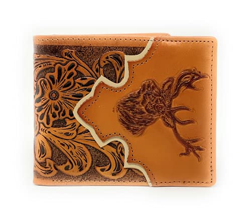 Western Men's Cowboy Leather Floral Tooled Laser Cut Multi Emblem Short Wallet in Multi Colors (Deer (Tan/Beige))