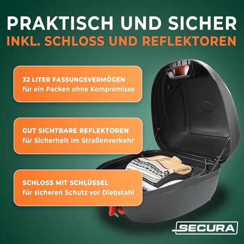 Secura Motorradkoffer Topcase schwarz 32 L abschließbar mit Rücklicht und Halterung | Topcase für Motorrad Quad Zubehör Koffer hinten | Top Case Gepäckträger Koffer Motorrad Box