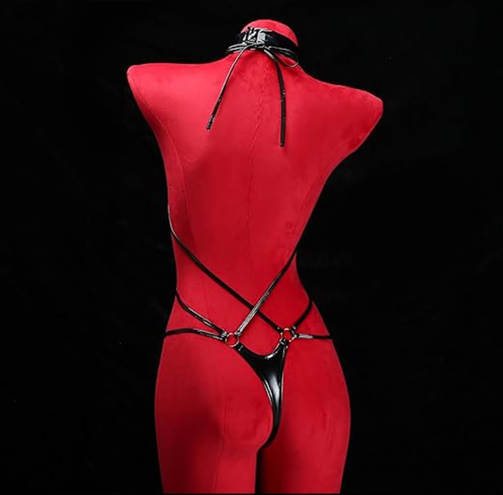 Womens Patent Leather Strappy Bondage One Piece Swimsuit Gstring Thong Micro Bikini Sexy Bathing Suit for Beach Party