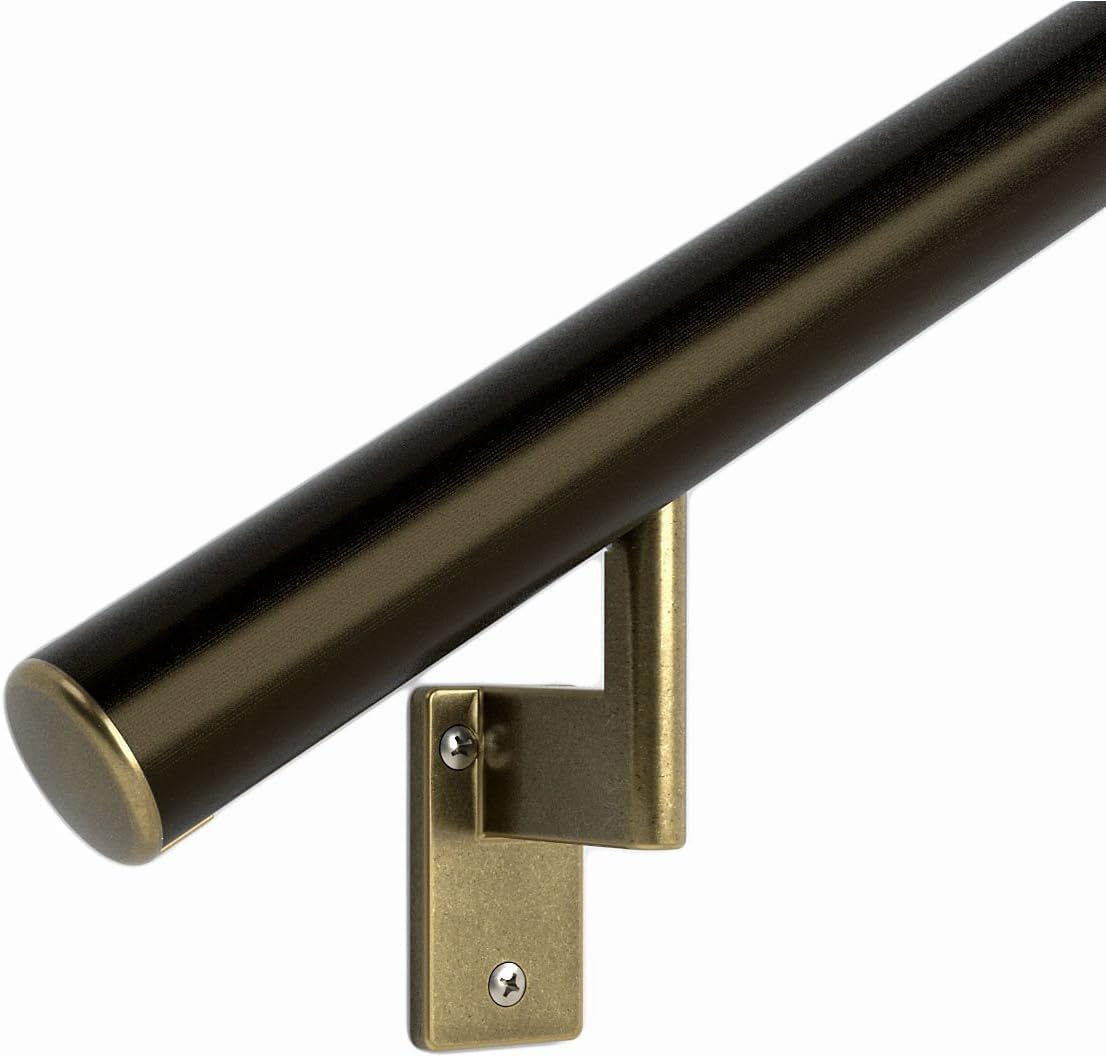 Promenaid 6ft Flush Handrail Kit - Architectural Bronze - Complete Indoor/Outdoor Handrail for Stairs - 1.6" Round Anodized Aluminum Railing with 3 Antique Brass Pivoting Wall Brackets & Flush Endcap