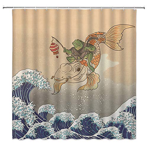 Boyian Funny Shower Curtain Frogs Holding Lantern Sitting On Koi Fish Big Waves Japanese Traditional Painting Vintage Fun Animal Fabric Bath Curtains Bathroom Polyester With Plastic Hooks 70X70 Inch #TOP30