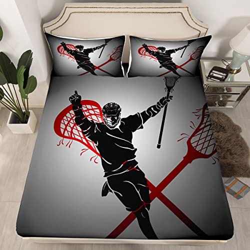 Erosebridal Lacrosse Player Bed Sheets for Kids Boys Girls,Grey Black Lacrosse Fitted Sheet Gift for Men,Sports Themed Bedding Set Twin,Sports Ball Game Bed Cover Soft + 1 Pillowcase