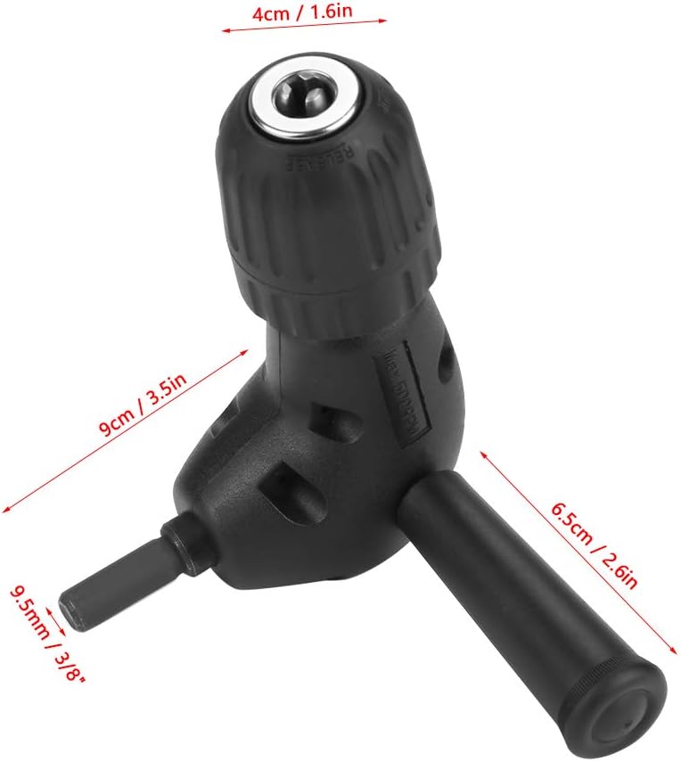 Right Angle Drill Adapter 90 Degrees Keyless Chuck 3/8 Inch Round Shank Lightweight Electric Drill Attachment for Tight Spaces DIY Projects Portable Drills Black 9.5mm