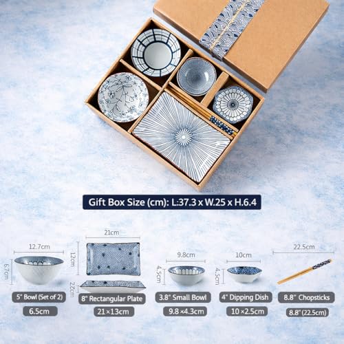 Image of 6-Piece Ceramic Dinner Set, 2 Plates & 4 Bowls, Microwave Safe, Dishwasher Safe, Floral Dinnerware (Blue & White Pattern, 1 Plate, 4 Bowl & 4 Chopsticks)