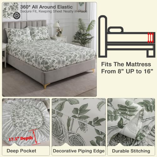 Image of Vintage Green Floral Percale Bed Sheets Queen Size, Deep Pocket