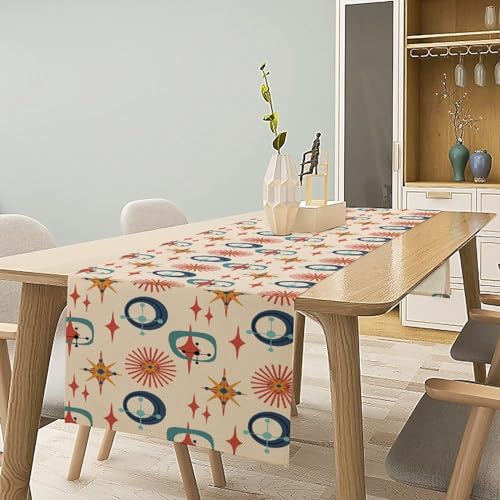 Image of Mid Century Modern Table Runner Abstract Style Colorful Geometric Atomic Star for Kitchen Dining Room Holiday Washable Quick Dry 13x36 Inch