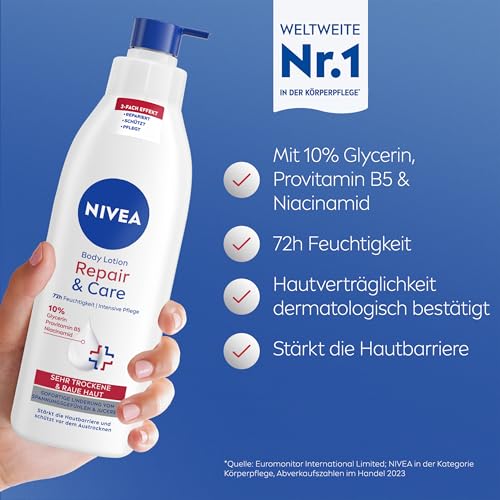 NIVEA Body Lotion Repair & Care, Körpercreme für sehr trockene Haut & zur Linderung von Spannungsgefühlen, Körperlotion mit Glycerin, Niacinamid & Provitamin B5t (250 ml) – Bild 3