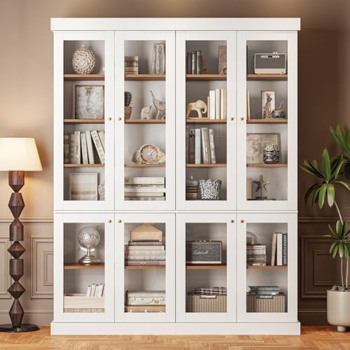 Image of ivaniti 70.8 inch Bookshelf with Glass Doors, Farmhouse Modular Bookcase with 6-Tier Adjustable Shelves, Large Storage Cabinet for Living Room & Home Office, Set of 2, White
