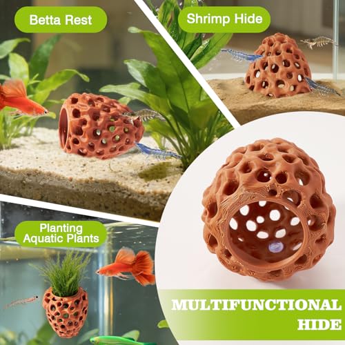 Image of Shrimp Dome Hide, Shrimp Hides for Aquarium, Betta Fish Hideout with Suction Cup, Betta Habitat Tank Ornament Accessories, Aquarium Decor for Small Fish Guppy Hiding Resting (Brown)