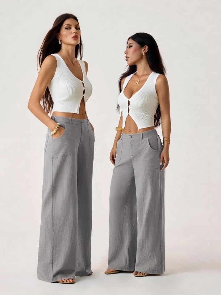 Image of GRECIILOOKS Beige Wide Leg Linen Trousers for Women | High Waist Cotton Baggy Korean Style Casual Pants | Comfortable Formal & Casual Women Trousers
