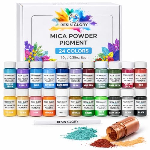 Resin Glory 24 Color Mica Powder Pigment Set (10g Each) Epoxy Resin Dye Powder for Resin Art Soap Making Candle Making Slime Bath Bombs Vibrant Pearlescent Pigment Colors for DIY Crafts