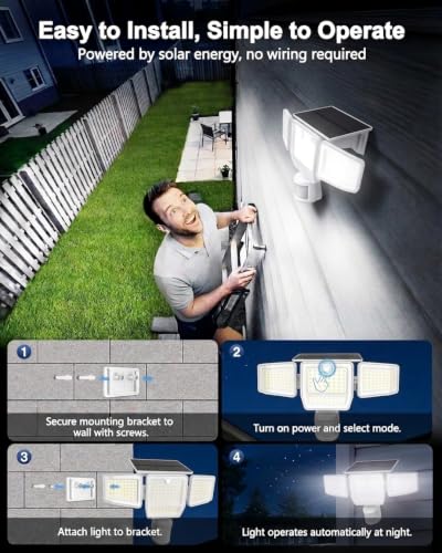 SZPOWER 6000LM Solar Flood Lights Outdoor, 4 Heads with Large Motion Sensor - image 3