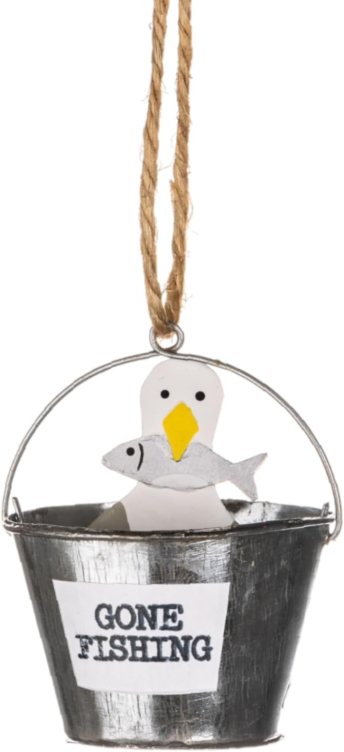 Shoeless JoeSeagull and Fish in Bucket – Handcrafted Hanging Metal Decoration, Coastal Home Décor, 4cm x 5.5cm x 4cm, Lightweight 10g