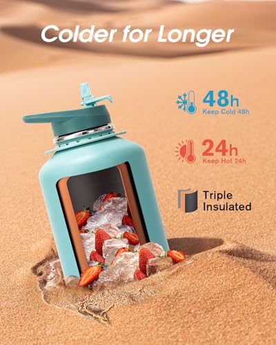 Image of Coolflask Insulated Water Bottle 64 oz with Straw, Half Gallon Large Water Jug with Straw & Spout Lids, Vacuum Stainless Steel Metal Flask, Keep Cold 48h Hot 24h, Leak Proof & Non-BPA, Agate Green