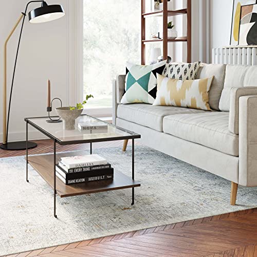 Image of Nathan James Asher Mid-Century Rectangle Coffee Table Glass Top and Wood Finish Storage Shelf with Matte Metal Legs, Warm Walnut /Black
