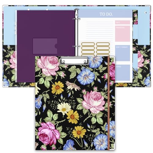 Image of 3 Ring Binder, 1 Inches Round Ring Binder with Clipboard, Dividers Tabs, PVC Zipper Bag Sleeves & to Do List Planners for Women, Men, School, Office Supplies, Flowers