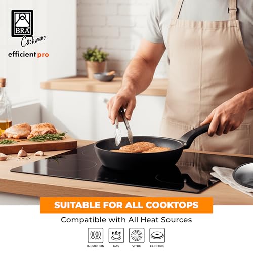 Image of BRA COOKWARE Efficient Pro Nonstick Saute Pan w /Lid | 9.5 Inch - 3.2 Quart Cast Aluminum Deep Skillet | 3-Layer Scratch Resistant Coating | PFOA Free | All Cooktops Skillet | Heat-Resistant Handle