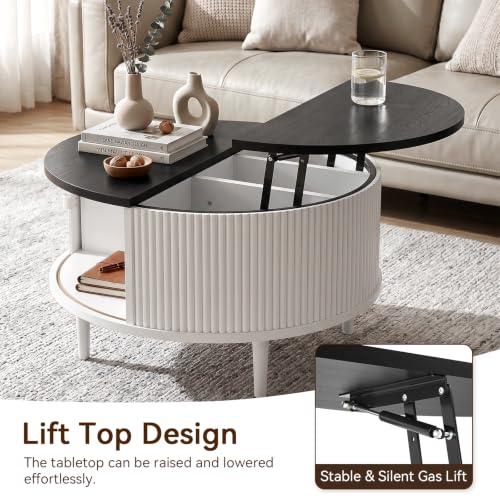 Image of Round Lift Top Coffee Table, 31.5 Inch Farmhouse Center Table with Hidden Storage & Sliding Door, Fluted White Drum Table for Living Room