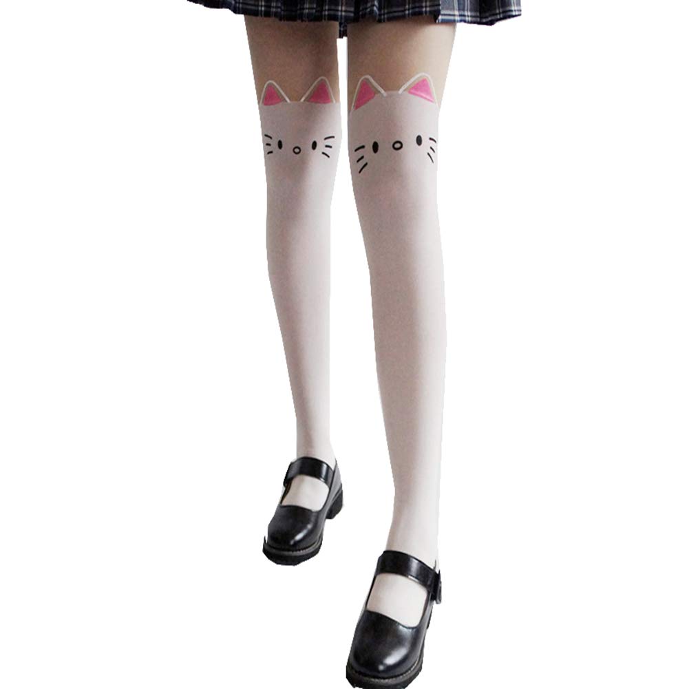 Ulalaza Women's Cat White Tobe-U Kawaii Tights Cat Stockings Pantyhose Cartoon Bunny Socks Girls Cute Animal Mock Knee Nude High Thigh Tattoo Patterned Hosiery Leggings Tattoo Legging Tights