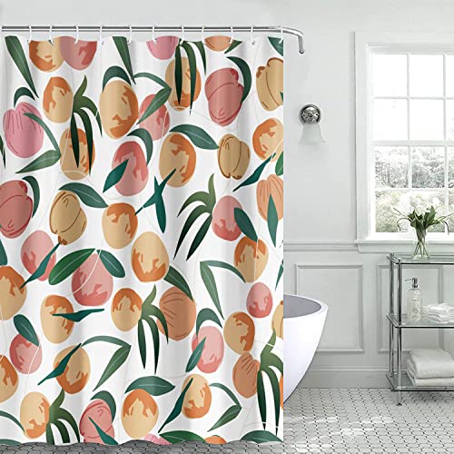 Acitly Shower Curtain 72"×72" Peach Bathroom Decor Set With Bath Mat, Boho Peachy Pink Bathroom Rug Cute Cartoon Plush Shower Mat Funny Non-Slip Absorbent, Waterproof Bright Shower Curtain 12 Hooks #TOP1