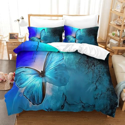 Housse de couette oiseaux bleus 200x200cm parure de lit imprimée illustration nature - 3