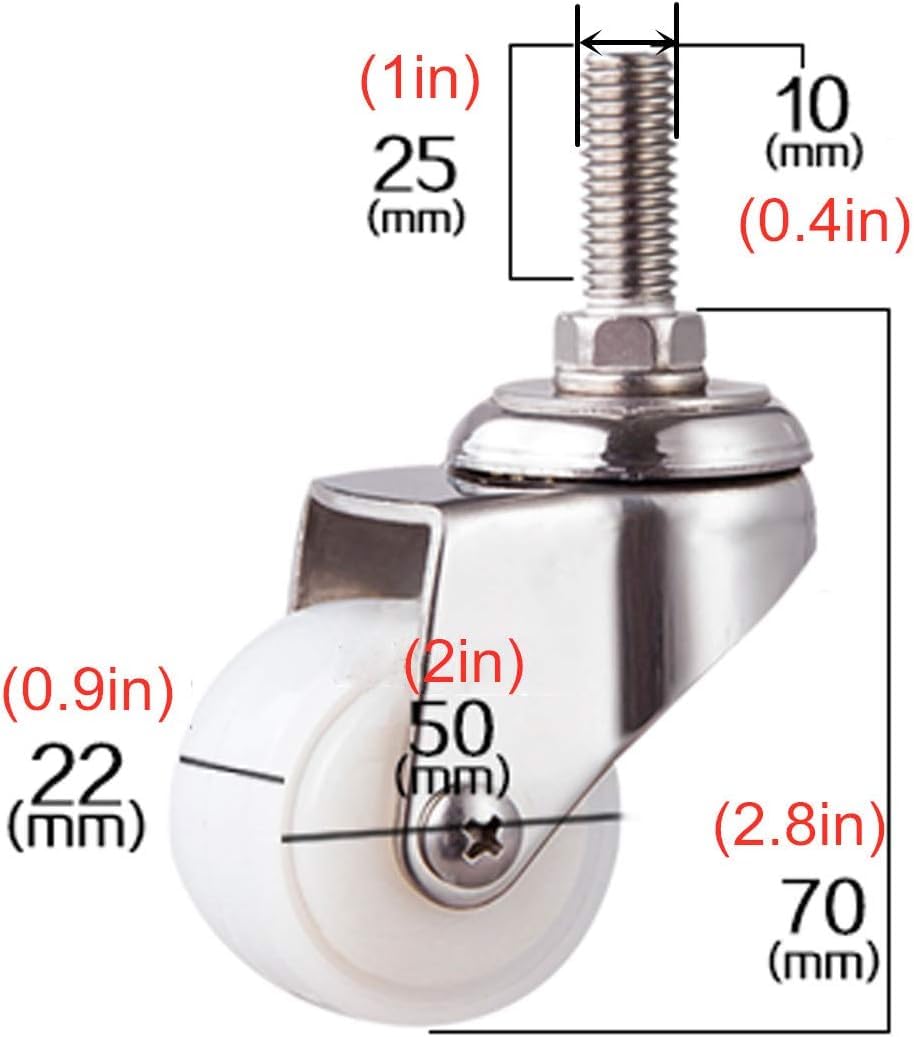 Ruote girevoli, Ruote girevoli con Gambo filettato M10x25 mm, Ruote di Ricambio per carrelli della Spesa, girevoli a 360 Gradi (Freno, 50 mm/2 Pollici)