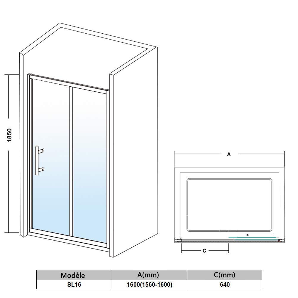 SIRHONA Porte de douche coulissante 160 x 185 cm Paroi douche en verre trempé sécurit Cabine de douche coulissante | Réglable
