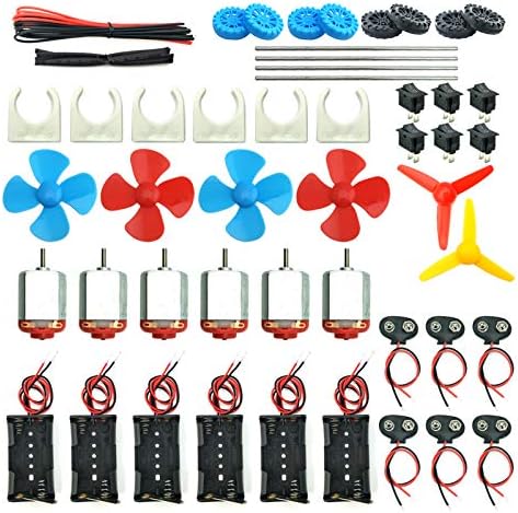 EUDAX 6 Set DC Motors Kit, Mini Electric Hobby Motor 3V -12V 25000 RPM Strong Magnetic with Shaft Propeller , 2 x AA Battery Holder,9V Battery Clip Connector,Plastic Wheels for DIY Science Projects