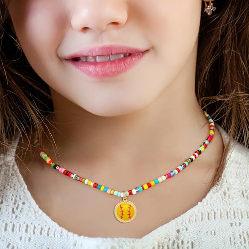 Softball/Soccer/Volleyball/Basketball/Football Colorful Beaded Necklace Gifts for Girls Women, Sport Accessories Pendant Jewelry 14+2 Inches2