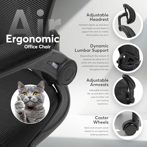 Oline ErgoAir Ergonomic Office Chair – Adjustable Lumbar Support, Flip-Up Armrests, Mesh Computer Desk Chair, Swivel Rolling Executive Gaming Chair for Home & Office (Black) - Image 5