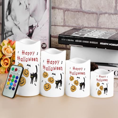 Image of Pumpkin Color Changing Flameless LED Candles Set of 4 | Battery Operated Fake Candles with Remote Control, Cat Flickering Flame Home Holiday Party Centerpiece Decor