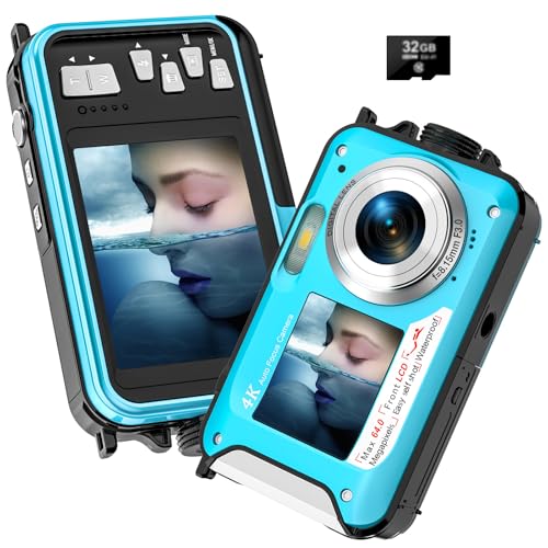 Digitalkamera, Yixinxin 4K Unterwasserkamera, 64MP Autofokus 16FT Digitalkamera wasserdichte mit 32GB Karte, Dual-Screen Selfie 1250mAh Batterie, 16X schwimmfähig Digital für Schnorcheln