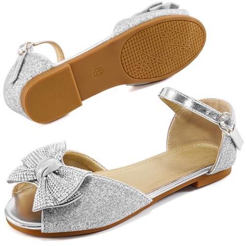 Aomigoct Girls Dress Shoes Sandals : Toddler Glitter Princess Flats for Birthday Wedding Party - Little Kid School Walking Shoe 7
