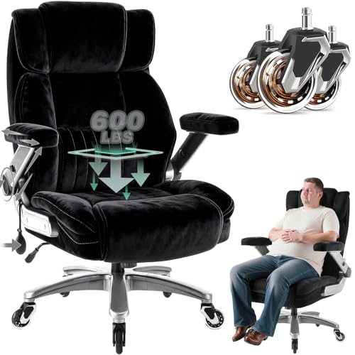600LBS Fabric Big and Tall Executive Office Chair with 5D Flip Arms and Pocket Spring Cushion, Ergonomic Heavy Duty Desk Chair with Lumbar Support,High Back Cloth Computer Chair,Rubber Wheels