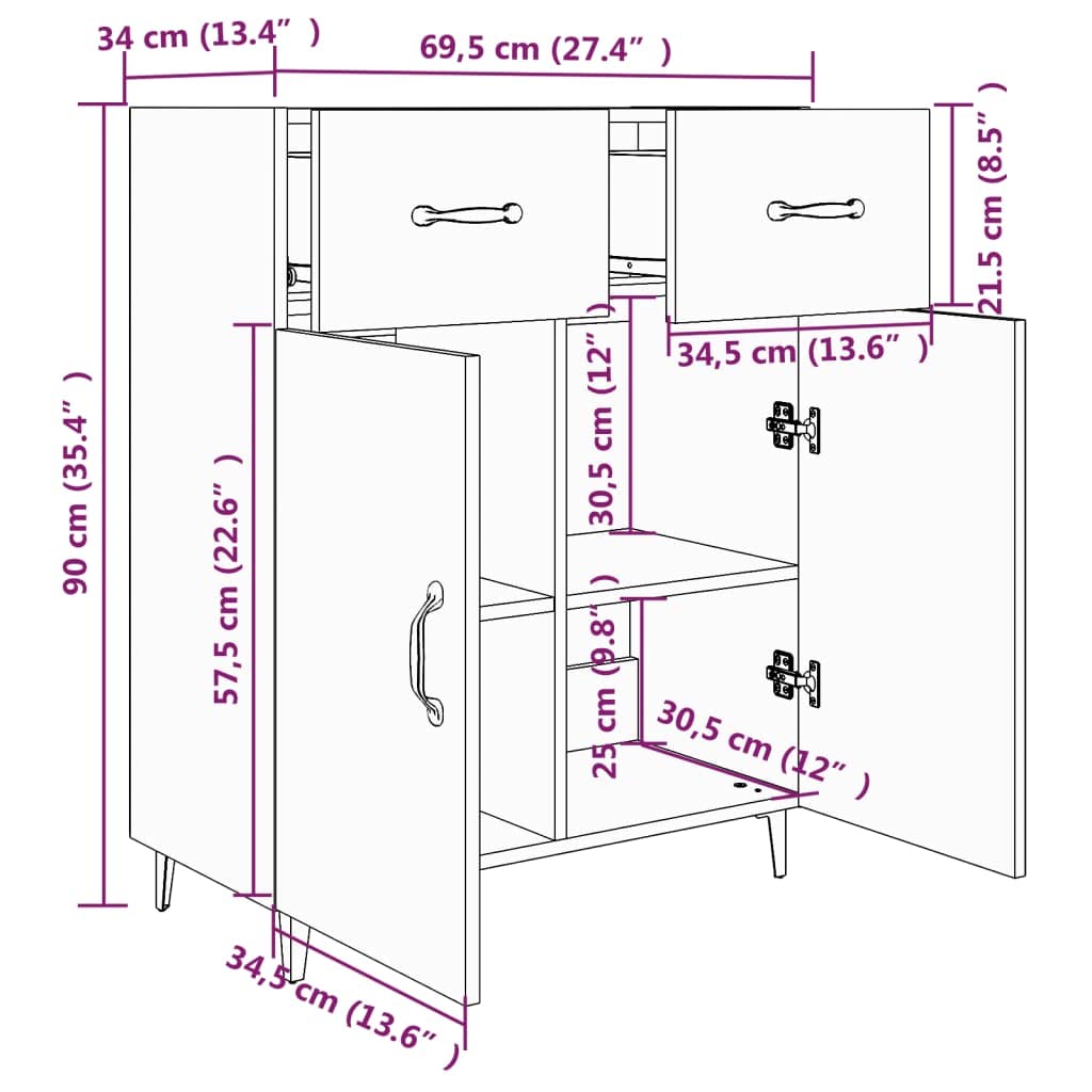 vidaXL Dressoir 69,5x34x90 cm bewerkt hout betongrijs, kast