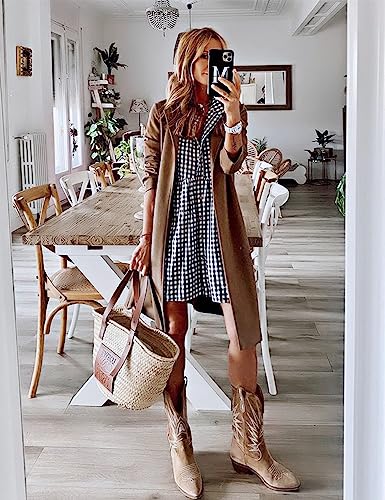 FANCYINN Women's Gingham Stand Collar Shirt Dress Button Down Casual Long Sleeve Tie Sleeves Mini Plaid Shirt Dresses2