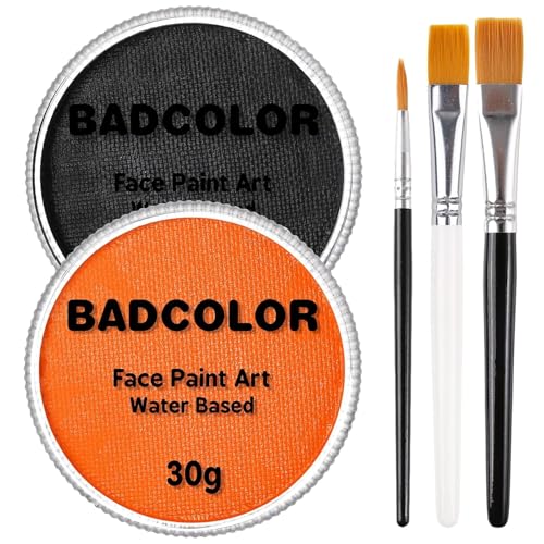 Black Orange Face Body Paint with Brushes for Pumpkin Halloween Makeup, Water Based Face Painting Kit Non-Toxic for Kids Adults Party, Facepaint for Scarecrow Clown Tiger Lion Costume Cosplay Make-Up