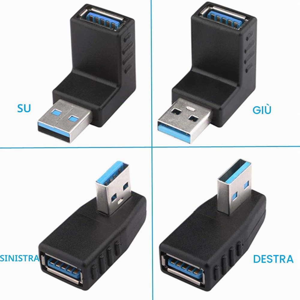 Greluma 4 pezzi Adattatore USB 3.0 angolato e 2 adattatori maschio-femmina compatibili con HDMI, adattatore angolato USB destra/sinistra/su/giù, adattatore a 90 e 270 gradi
