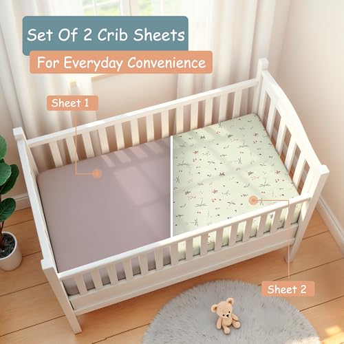 Image of Baby Girl Crib Sheets - 2 Pack Fitted Bedding Essentials, Super Soft Stretch Knit for Crib & Portable Mattress - Butterfly & Lilac