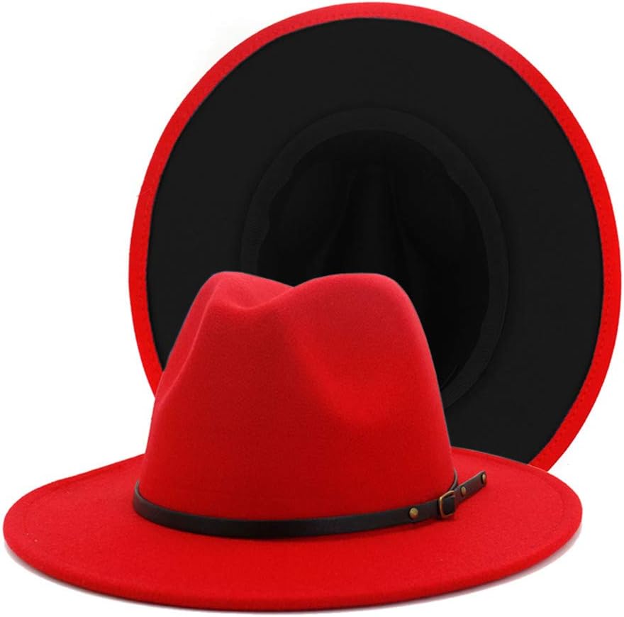 Gossifan Fedora Hats for Women Wide Brim Two Tone Felt Panama Hat with Belt-Buckle