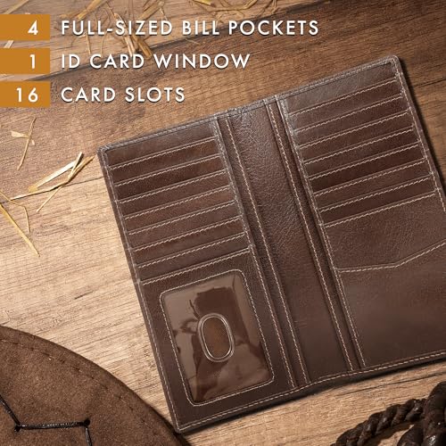 Image of ELIZO Men's Genuine Leather Long Wallet - RFID Blocking Rodeo Checkbook Wallet | Slim Western Bifold Wallet with 16 Card Slots, ID Window | Top Grain Leather Cowboy Wallet | Stout
