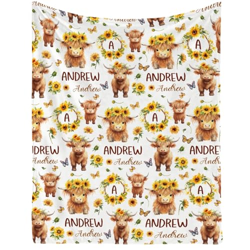 Image of Cow Throw Blankets with Name, Cute Cow Gifts for Boys Girls,Lightweight Flannel Highland Cow Pattern Quilt for Sofa,Chair, Bed, 60 inchx80 inch for Adults