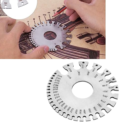 Calibrador de alambre de acero inoxidable LiebeWH, regla grabada para medir grosor de alambre de 0 a 36 AWG (0,3125 a 0,007 pulgadas), escala clara, herramienta redonda de 8,4 cm para joyeros y electricistas miniatura 3